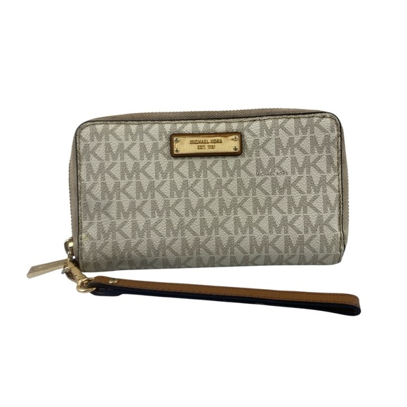 Michael Kors Women’s Beige Signature MK Monogram Logo Zip Up Wristlet Wallet - Picture 1 of 12